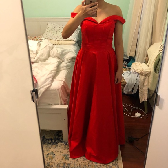 CLEARANCE Bright Red Off the Shoulder A Line Dress - Picture 4 of 7